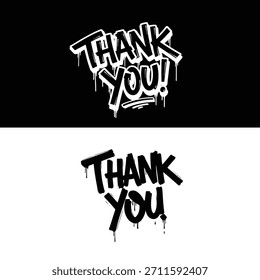 Dos textos de graffiti de agradecimiento con efecto de pintura goteante sobre fondo blanco y negro