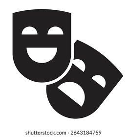 Duas máscaras de teatro em silhueta preta representam comédia e tragédia. 