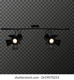 Two theater or studio spotlights on a horizontal bar on a transparent background. Has adjustable curtains for the light flow and emits a bright yellow light. EPS10 vector illustration.