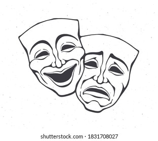 Two theatrical comedy and drama mask. Outline. Bipolar disorder symbol. Positive and negative emotion. Film and theatre industry. Vector illustration. Hand drawn sketch. Isolated white background