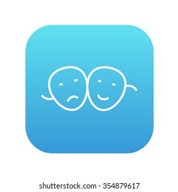 Two theatrical masks line icon for web, mobile and infographics. Vector white icon on the blue gradient square with rounded corners isolated on white background.