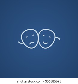 Two theatrical masks line icon for web, mobile and infographics. Vector light blue icon isolated on blue background.