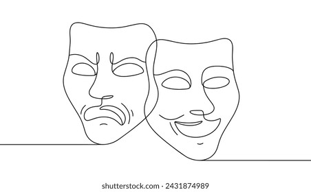 Dos máscaras teatrales con emociones opuestas. Alegría y tristeza. Símbolo del arte teatral. Día Mundial del Teatro. Vector. Imágenes producidas sin el uso de ningún tipo de software de IA en ninguna etapa. 