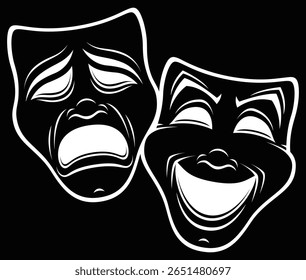Duas máscaras teatrais em preto e branco reverso, uma com uma carranca e a outra com um sorriso. As máscaras representam os símbolos clássicos da comédia e da tragédia. As cores são invertidas para uma vibe estranha.