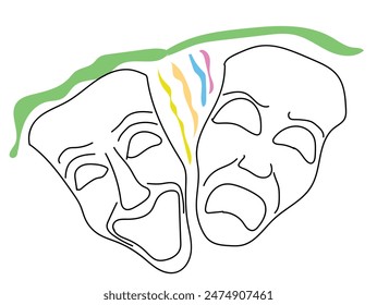 Two theatrical masks vector sketch icon isolated on background. Hand drawn Two theatre masks icon. 