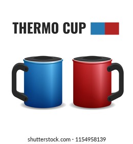 Two thermo cups, blue and red. 