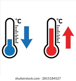 Two thermometer icons displaying temperature changes with a blue cold indicator pointing down and a red hot indicator pointing up representing weather forecast and health monitoring concepts.
