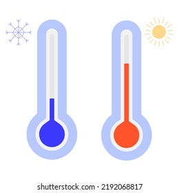 Two thermometer icons with sun and snowflake. Hot and cold temperature, blue and red. Meteorology and weather symbols.Vector illustration isolated on white background