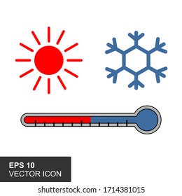 Two Thermometers With High And Low Temperature Gauge Scale. Symbolizes Heat And Cold. Sun And Snowflakes. Vector Illustration.