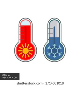 Dos termómetros con escala de medición de alta y baja temperatura. Simboliza el calor y el frío. Sol y copos de nieve. Ilustración vectorial.