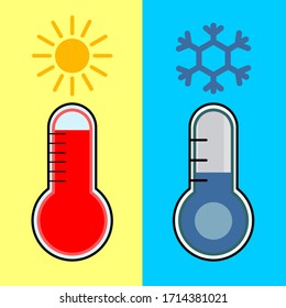Two thermometers with high and low temperature gauge scale. Symbolizes heat and cold. Sun and snowflakes. Vector illustration.