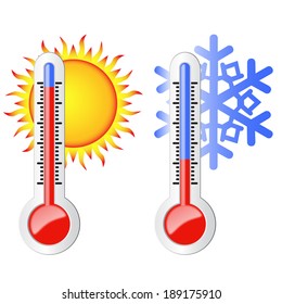 Two thermometers, high and low temperature. Symbolize the heat and cold. Sun and snowflake.