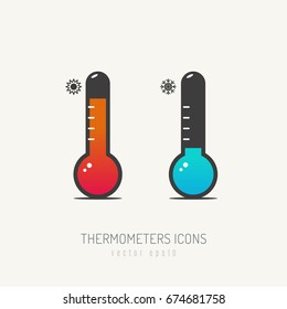 Two thermometers icons. Red, hot with sun icon and blue, cold with snowflake vector illustration