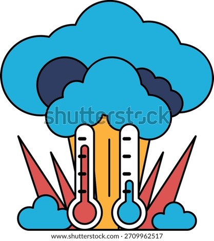 Two thermometers on a cloudy day. The thermometers are placed in the grass, and the clouds in the sky are dark and ominous. Scene is one of foreboding and unease