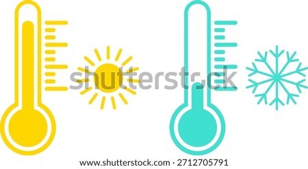 Two thermometers, one yellow representing heat with a sun, and one blue representing cold with a snowflake.