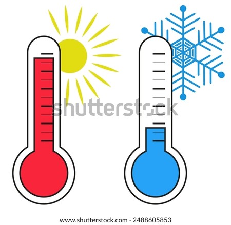 Two thermometers show cold and heat. Temperature indicator at different times of the year. ESP 10.