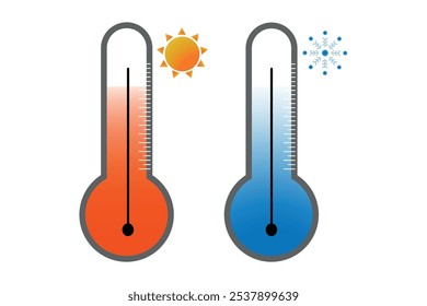 Dois termômetros mostram temperaturas altas e baixas com um ícone de sol no lado vermelho e um floco de neve no lado azul.