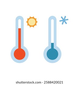 Two thermometers, showing hot with a sun and cold with a snowflake. Heat and frost, summer and winter, the concept of weather and climate change. Vector illustration isolated on white, flat design