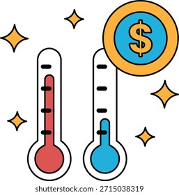 Two thermometers are shown with a dollar sign in the middle. The thermometers are at different temperatures, with one being hotter than the other