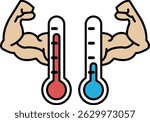 Two thermometers are shown with one being red and the other blue. The red one is at a higher temperature than the blue one