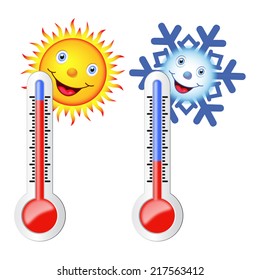 Two thermometers, sun, snowflake. Symbols of hot and cold weather.
