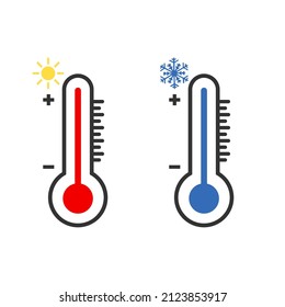 Two thermometers warm and cold, drawing on a white background. Thermometer with sun and snowflake icon set. Vector weather symbol set for warm, hot, cold temperature