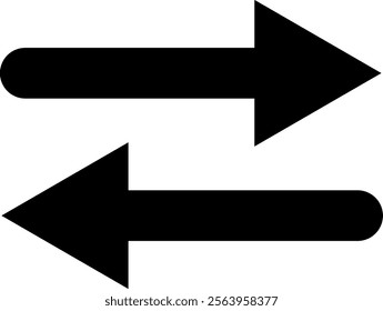 Two thick black arrows are pointing in opposite directions, one to the right and one to the left, on a clean white background, symbolizing decision making, choices, or opposing forces
