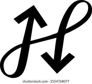 Two thick, hand drawn arrows, one pointing upwards and the other downwards, intertwine gracefully, creating an interesting visual resembling the letter h against a clean white backdrop