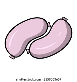 Two thick shiny sausages, juicy meat of delicious pink sausages, vector illustration in cartoon style on a white background
