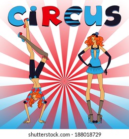 Two thin circus girls, standing and handstand, red and blue clothing, with title