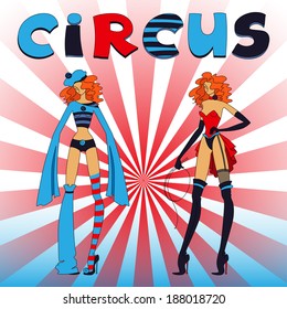 Two thin circus standing girls, red and blue clothing, with title