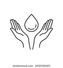 dos líneas delgadas de la mano con el icono grande de la gota de agua. tendencia gráfica lineal diseño abstracto moderno lineart elemento del logotipo aislado en blanco. concepto de agua limpia para una vida buena y saludable o respetuoso del medio ambiente