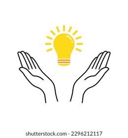 two thin line hands holding bulb like insight. concept of visionary or aha moment and smart education motivation and think outside box. simple flat outline trend graphic art design isolated on white