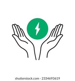 two thin line hands like control electricity saving. concept of energy conservation badge or renewable sources. flat linear style trend modern efficient logotype graphic design isolated on white