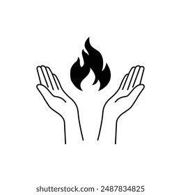 two thin line hands and red flame like faith icon. linear trend graphic simple worship logotype design abstract web element isolated on white. concept of