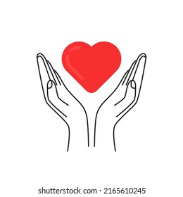 dos delgadas líneas de mano humana con un gran corazón rojo. concepto de símbolo de organización de rescate y brazo patrocinador como esperanza. tendencia lineal plana moderna donación logotipo diseño gráfico elemento web aislado en blanco