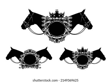 two thoroughbred bridled horses heads and antique style calligraphic floral ornament forming round copy space blank frame with royal crown -  horseback riding black and white vintage vector design set