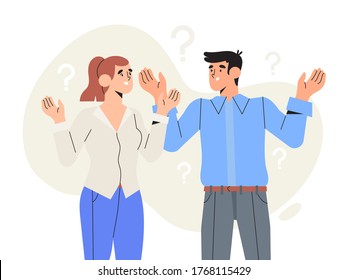 Two thoughtful characters with question marks solving problems or searching solutions. Problem solving and choice. Smart man and woman thinking or puzzled. Frequently asked questions concept.