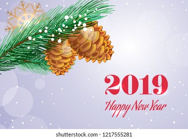 Two Thousand Eighteen lettering with pine-tree twig and cones. Christmas greeting card. Handwritten and typed text, calligraphy. For leaflets, brochures, invitations, posters or banners.