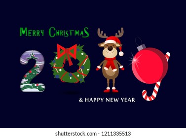 Two thousand and nineteen creative numbers dark blue poster. Numbers in form of cartoon deer, tree decoration and Christmas wreath. Can be used for postcards, greetings, banners