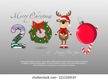 Two thousand and nineteen creative numbers festive banner. Numbers in form of cartoon deer, tree decoration and Christmas wreath. Can be used for postcards, greetings, banners
