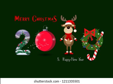 Two thousand and nineteen dark green festive banner design. Creative numbers in form of Christmas tree decoration, deer and Christmas wreath. Can be used for postcard, leaflets, greetings