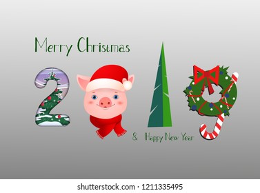 Two thousand and nineteen gray festive banner design. Creative numbers in form of pig, in Santa hat and scarf, fir tree, and Christmas wreath. Can be used for postcards, greetings, leaflets