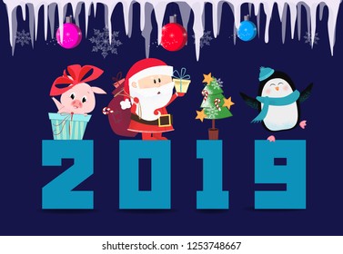 Two thousand and nineteen greeting card design. Date with cartoon characters on blue background with icicles. Can be used for postcards, invitations, greeting cards