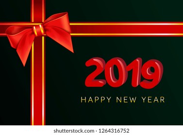 Two thousand nineteen lettering with red ribbon on black background. New Year Day greeting card. Typed text, calligraphy. For leaflets, brochures, invitations, posters or banners.