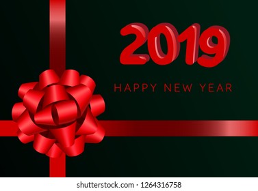 Two thousand nineteen lettering with red ribbon and bow. New Year Day greeting card. Typed text, calligraphy. For leaflets, brochures, invitations, posters or banners.