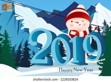 Two thousand nineteen lettering and ski resort with snowman. New Year Day greeting card. Typed text, calligraphy. For leaflets, brochures, invitations, posters or banners.
