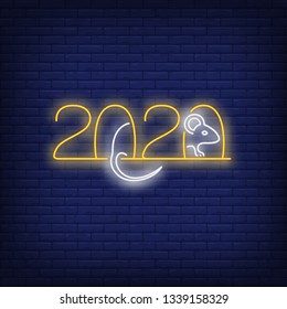 Two thousand twenty neon sign with rat on brick wall background. Vector illustration in neon style for seasonal banners, New Year posters, festive advertising