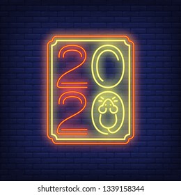 Two thousand twenty neon sign. Numbers in frame and rat in zero on brick wall background. Vector illustration in neon style for Christmas banners, New Year posters, party invitation