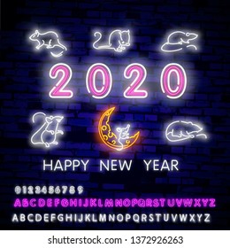 Two thousand twenty neon sign with joyful neon rat 2020 on brick wall background. Vector illustration in neon style for Christmas banners, New Year posters, party invitation